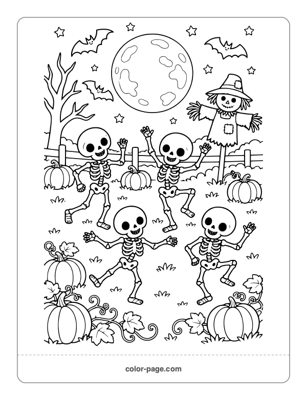 Skeletons dancing in a pumpkin patch at night coloring page