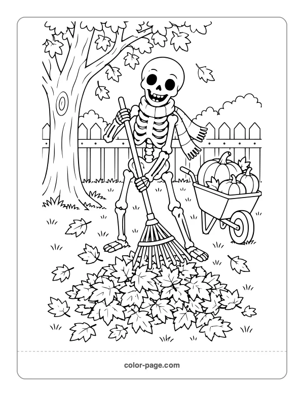 Skeleton raking autumn leaves in a yard coloring page