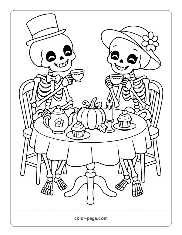 Two skeletons having a tea party coloring page