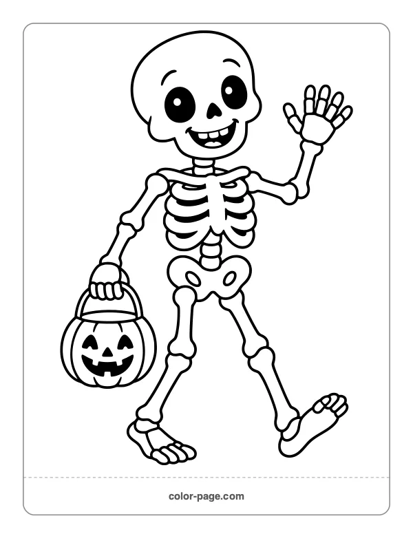 Friendly skeleton trick-or-treating with a pumpkin bucket coloring page