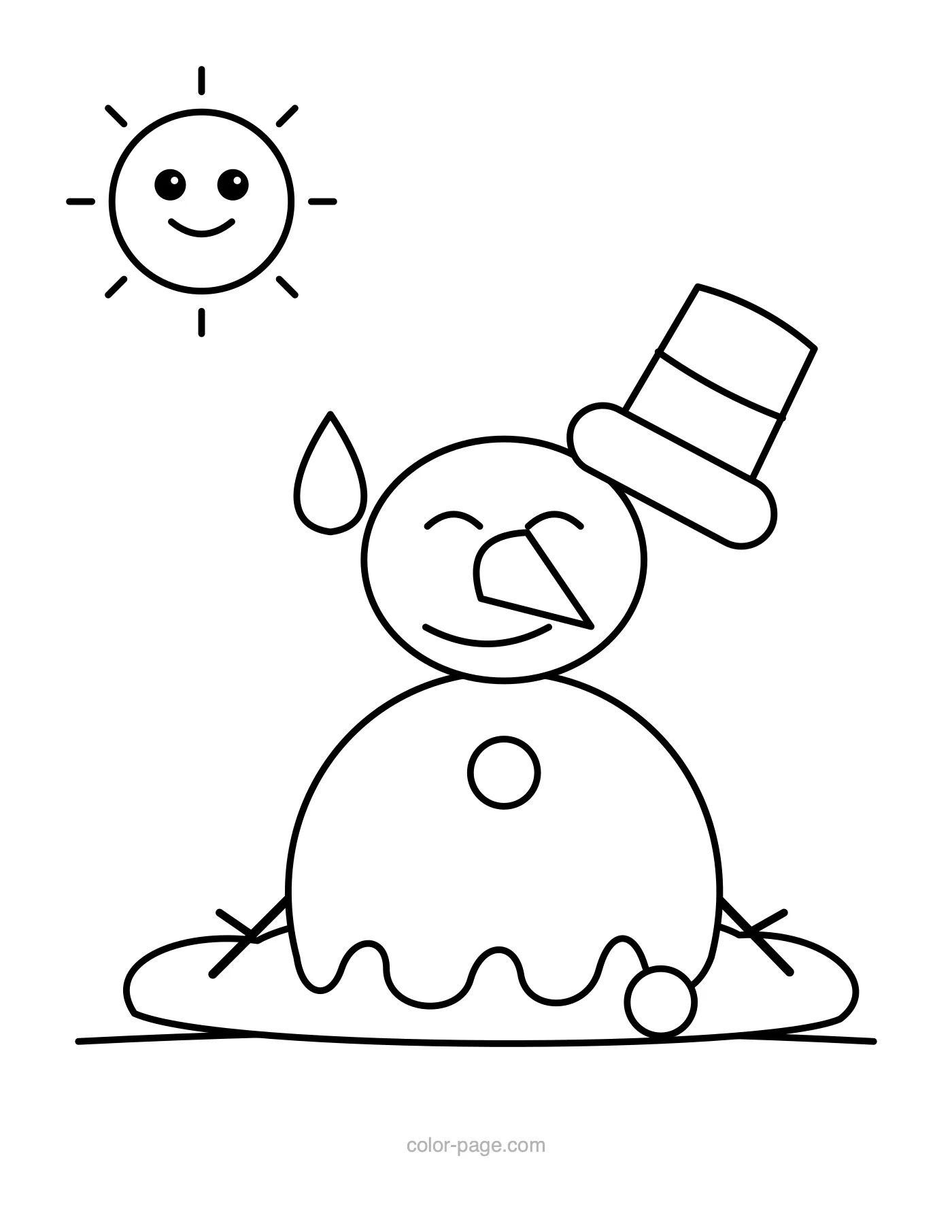 Funny melting snowman with a sun coloring page