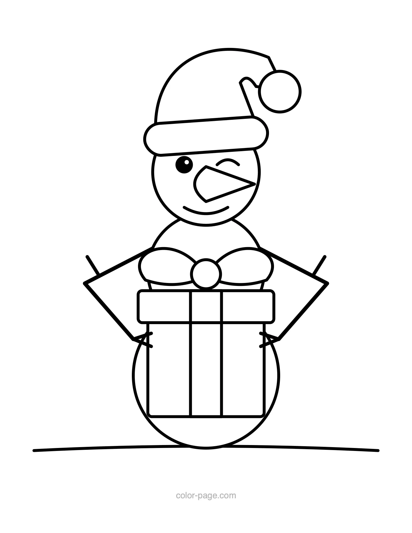 Snowman in a Santa hat holding a present coloring page