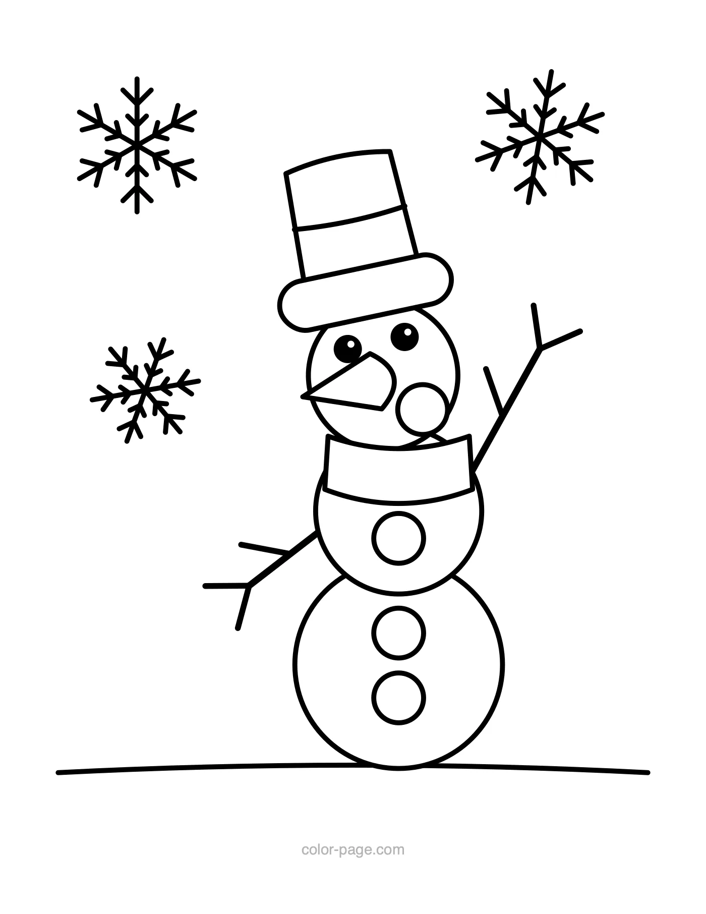 Snowman looking at big snowflakes coloring page