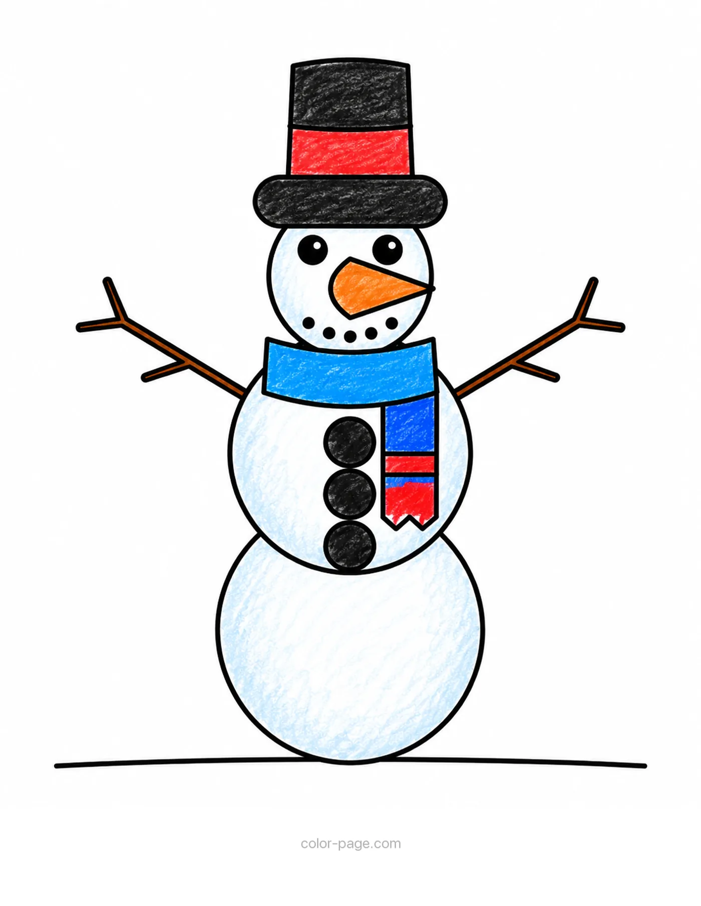 Snowman coloring page, colored in as an example