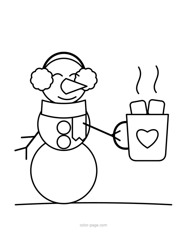 Snowman holding a mug of hot cocoa coloring page