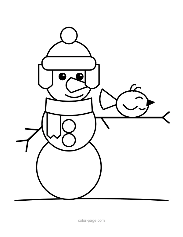 Snowman with a little bird on his arm coloring page