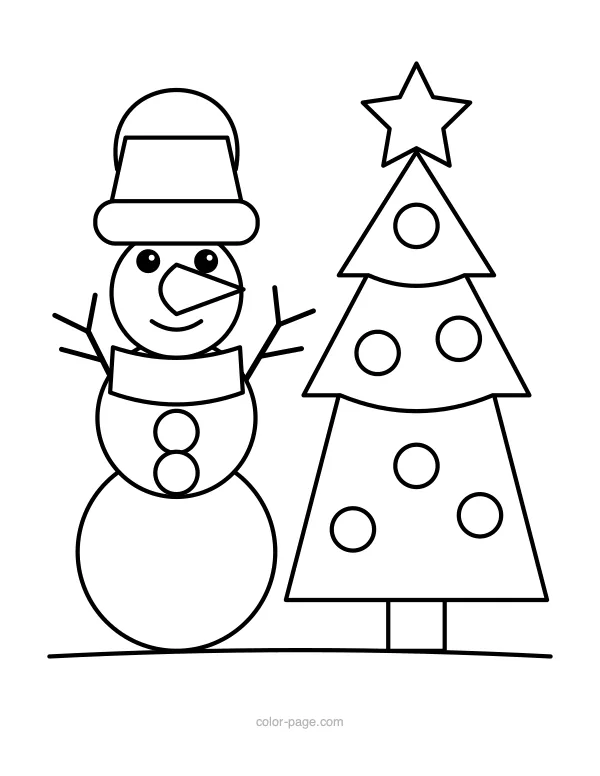 Snowman next to a small Christmas tree coloring page