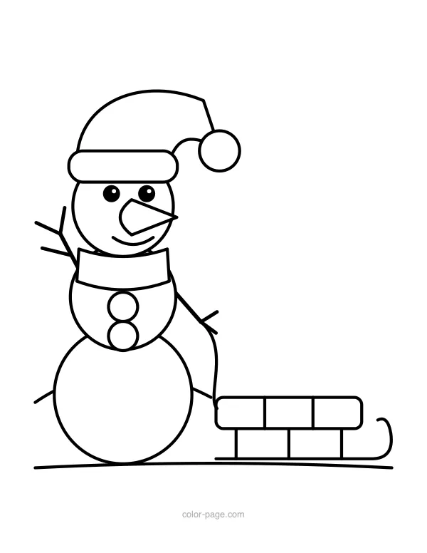 Snowman standing next to a sled coloring page