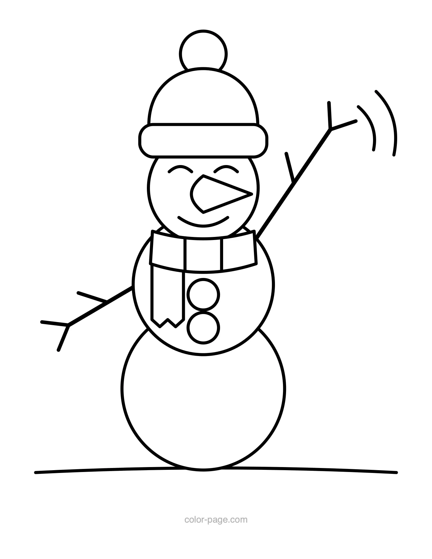 Happy snowman waving with a beanie hat coloring page