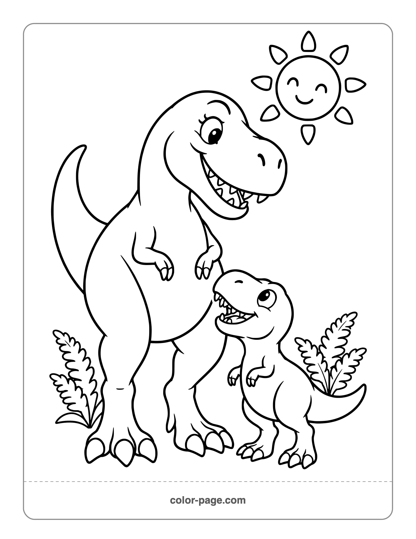 Mom and baby T. rex standing together coloring page