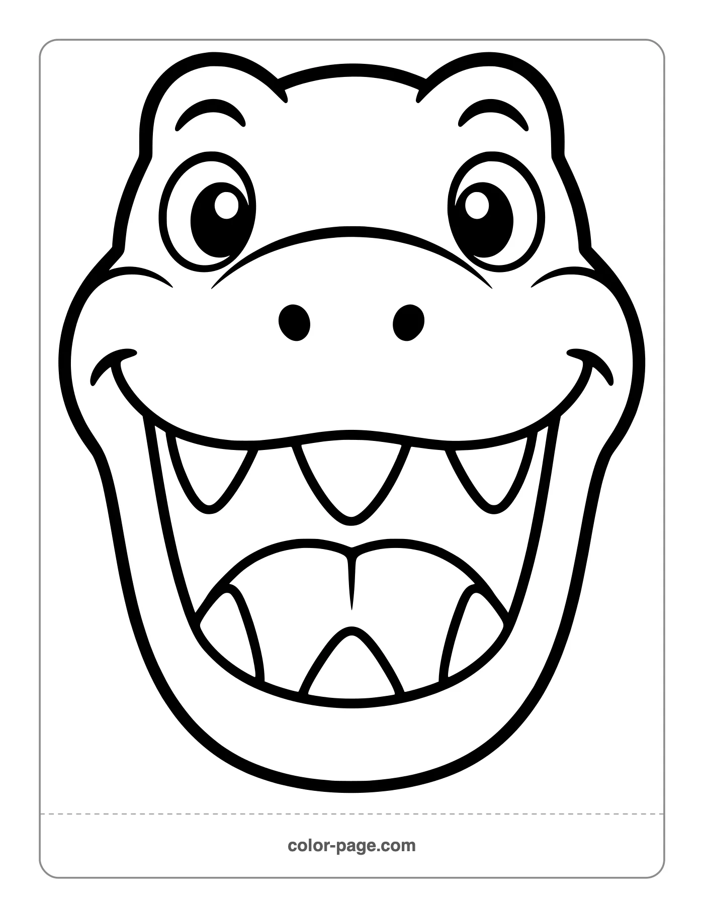 Simple smiling T. rex face coloring page for toddlers
