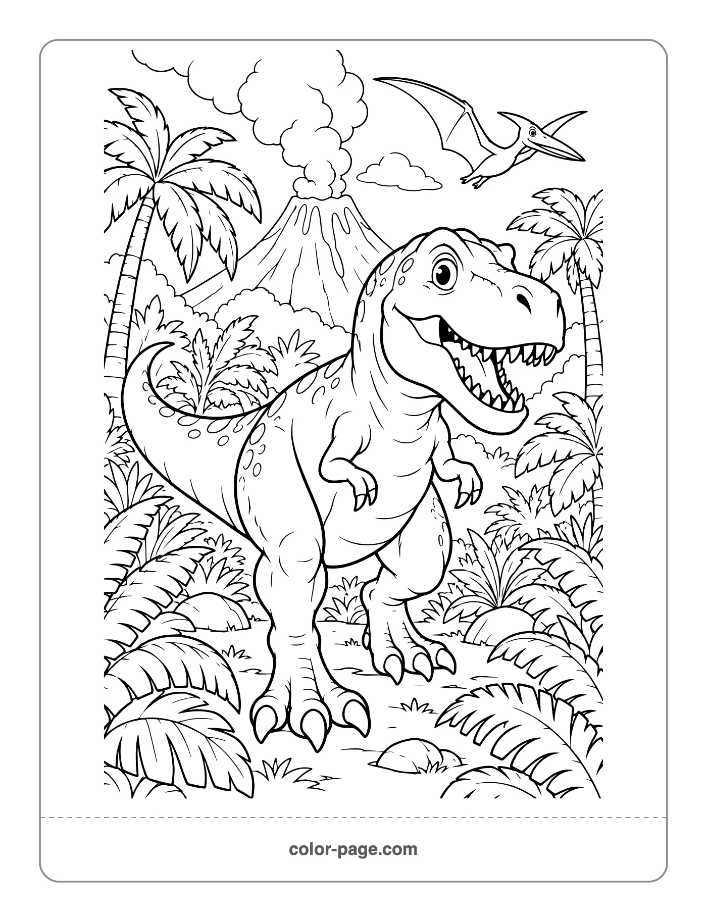 T. rex walking through a jungle with a volcano coloring page