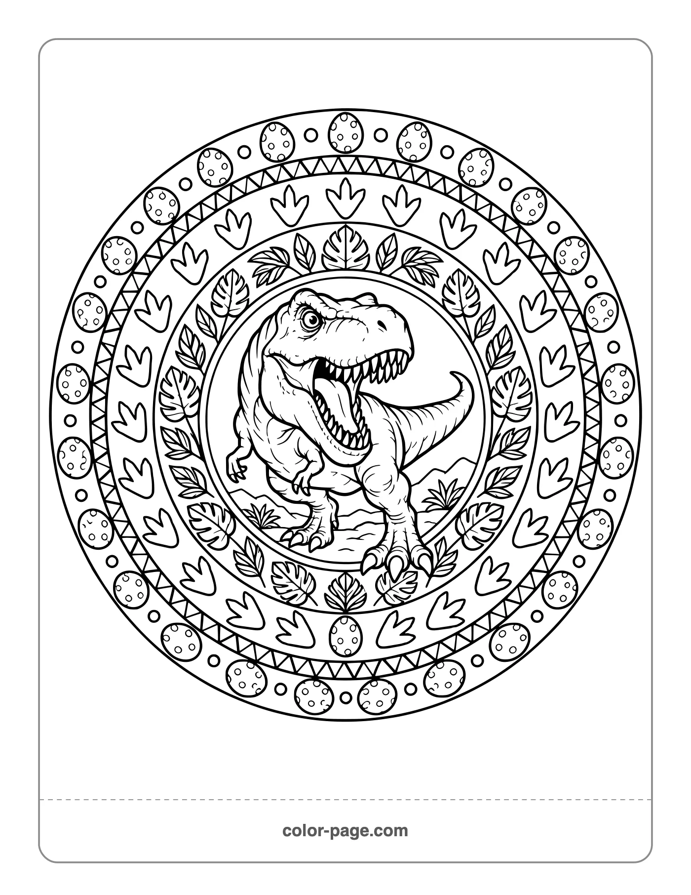 T. rex head mandala coloring page for older kids and adults