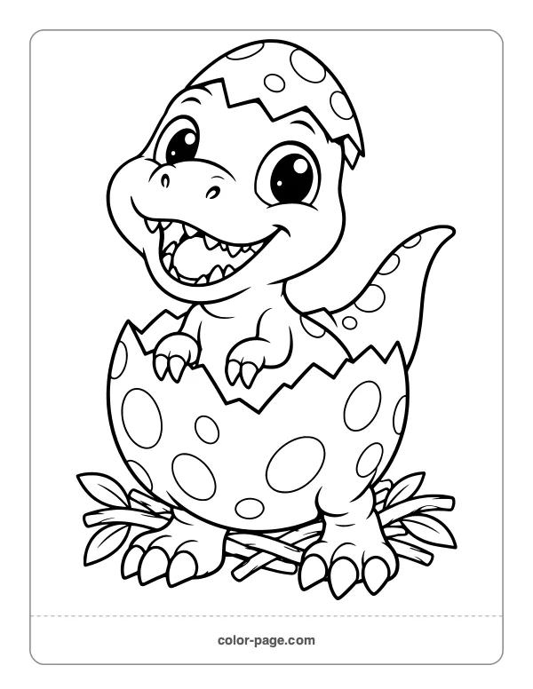 Baby T. rex hatching from a cracked egg coloring page