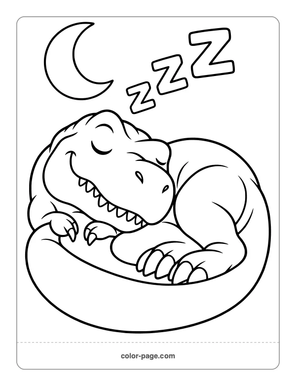 Sleepy T. rex curled up taking a nap coloring page