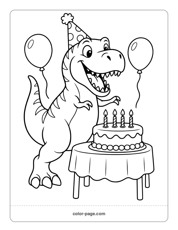 T. rex in a party hat with a birthday cake coloring page