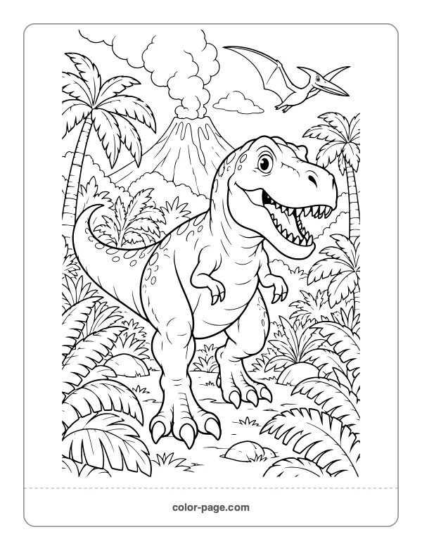 T. rex walking through a jungle with a volcano coloring page