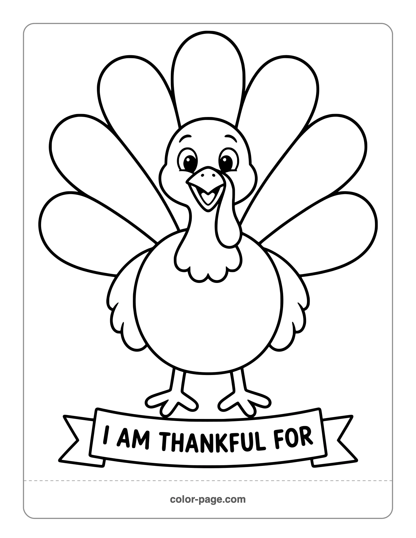 Thankful turkey with blank feathers to write on coloring page