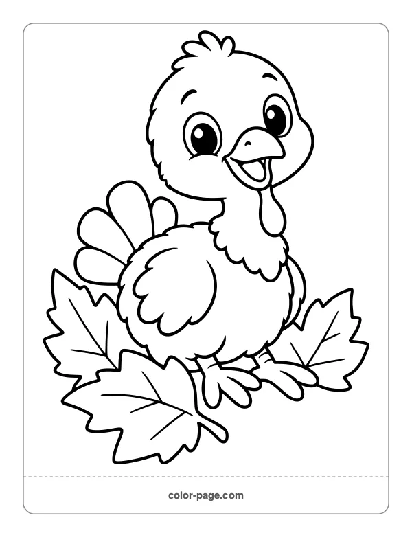 Cute baby turkey sitting in fall leaves coloring page