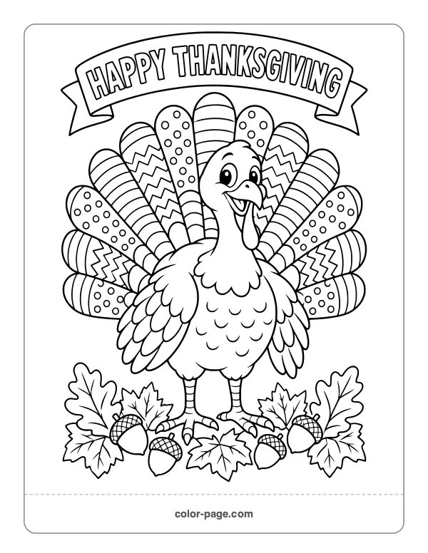 Turkey under a Happy Thanksgiving banner coloring page