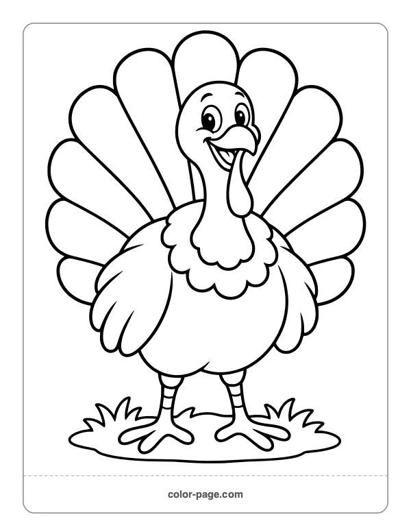 Happy turkey with a big fanned tail coloring page