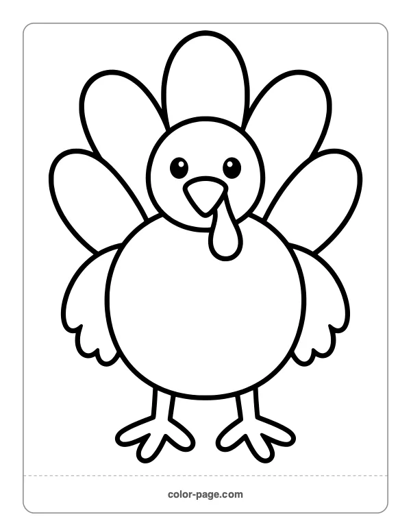 Simple big turkey with five tail feathers coloring page for toddlers
