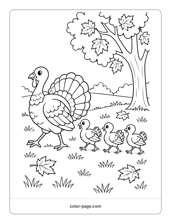 Mother turkey and three baby turkeys walking coloring page