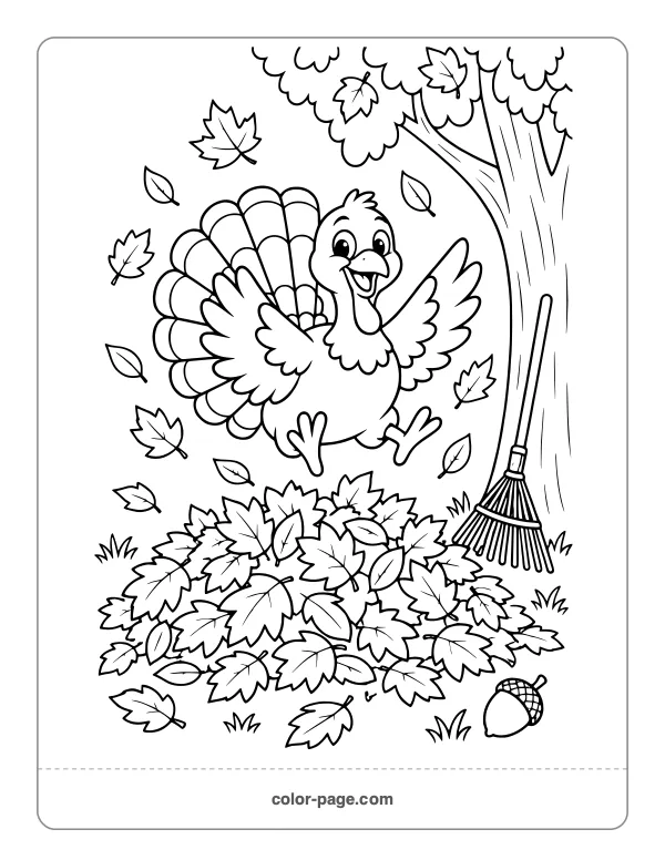 Playful turkey jumping into a pile of fall leaves coloring page
