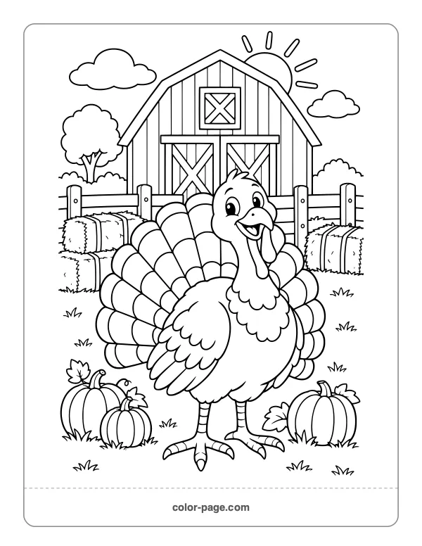 Turkey in front of a barn with hay bales coloring page
