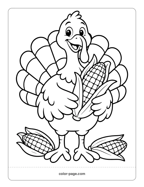 Happy turkey holding an ear of corn coloring page