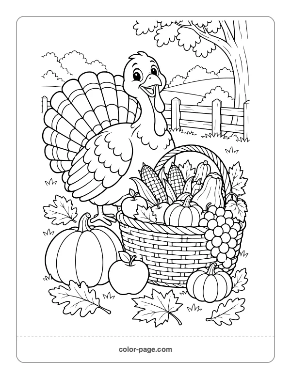 Turkey beside a harvest basket of apples, corn and pumpkins coloring page