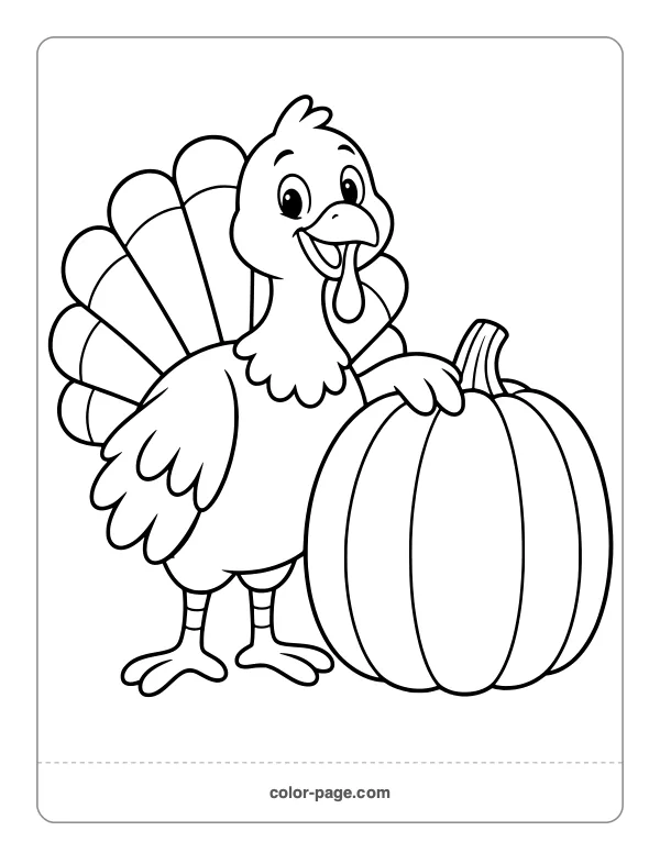 Friendly turkey standing next to a big pumpkin coloring page