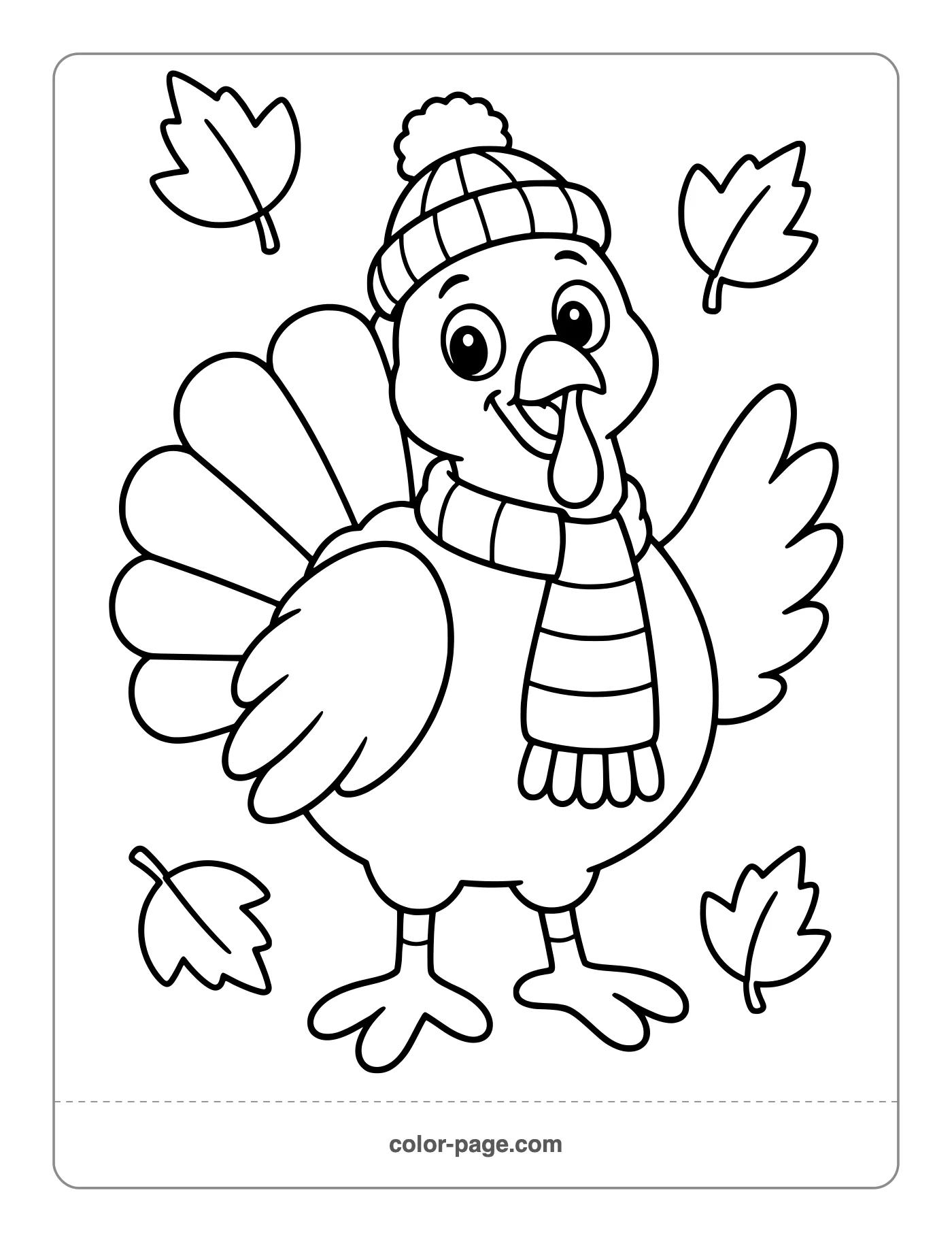 Cozy turkey wearing a scarf and knit hat coloring page