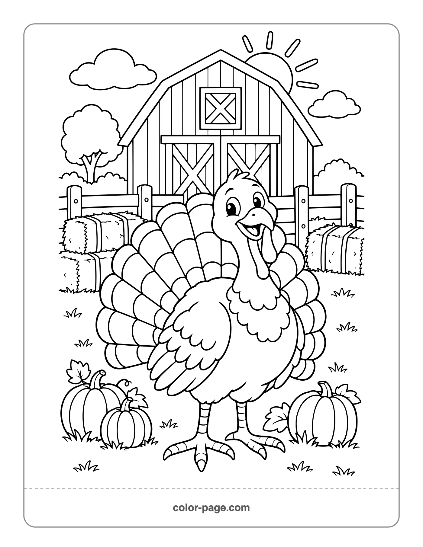 Turkey in front of a barn with hay bales coloring page
