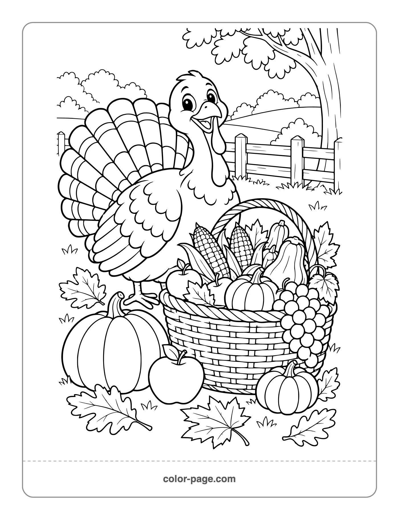 Turkey beside a harvest basket of apples, corn and pumpkins coloring page
