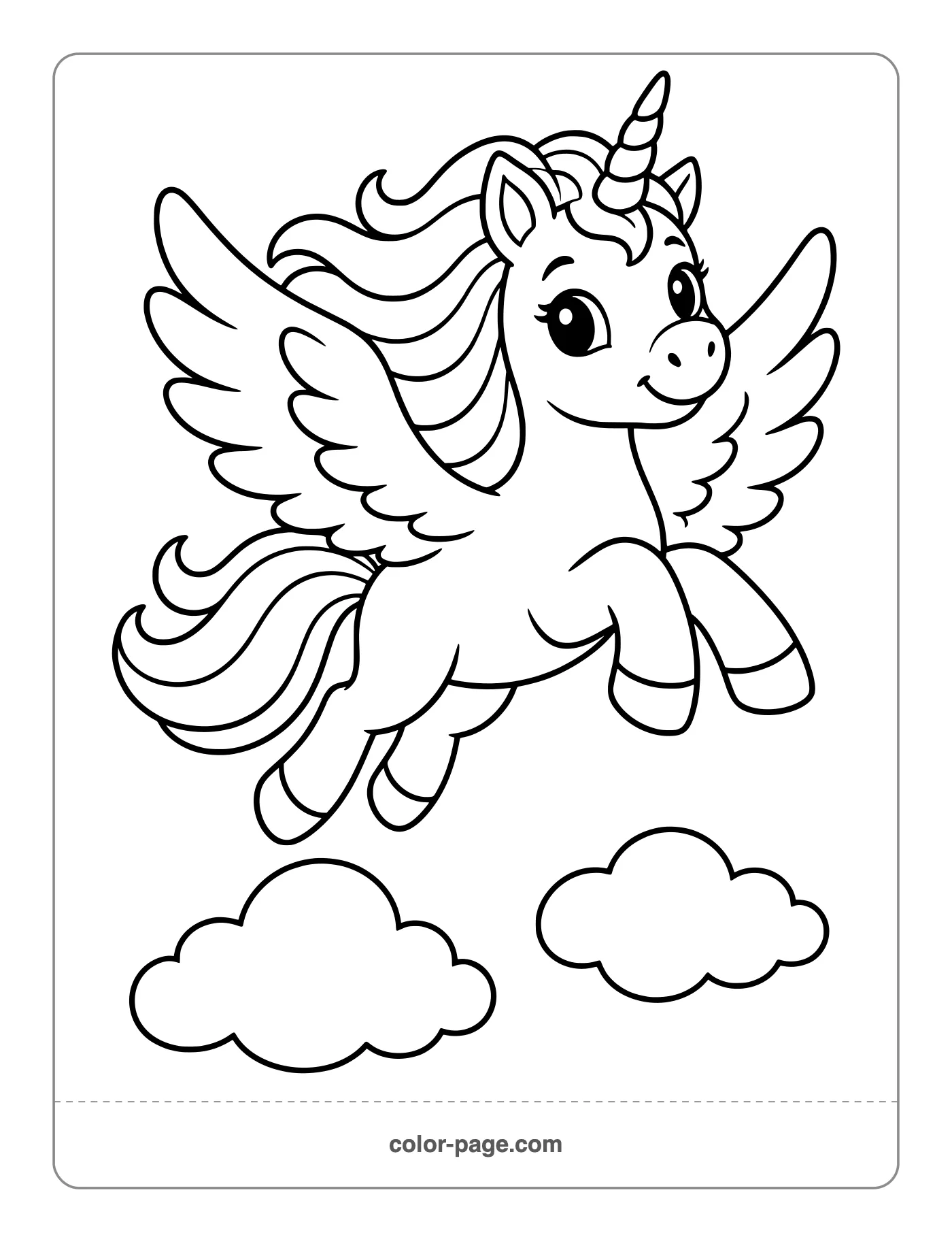 Unicorn flying with wings above clouds coloring page