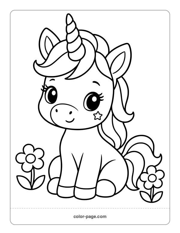 Sitting baby unicorn beside flowers coloring page