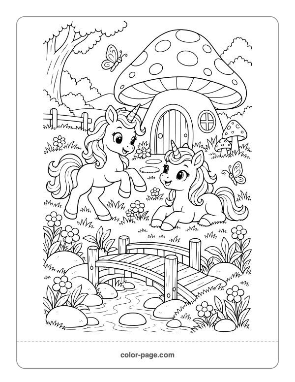Two baby unicorns playing in a clearing coloring page