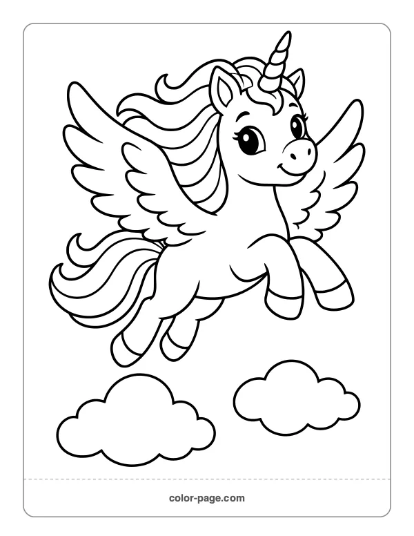 Unicorn flying with wings above clouds coloring page