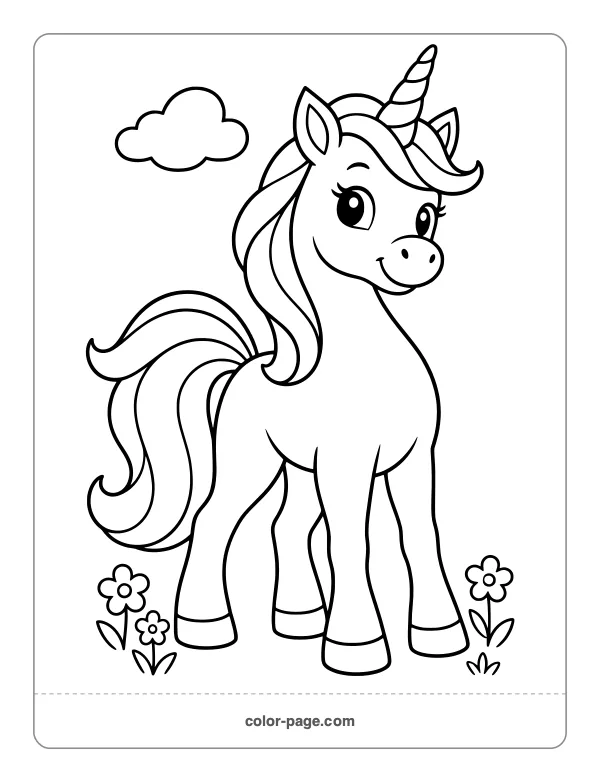 Friendly unicorn standing among flowers coloring page
