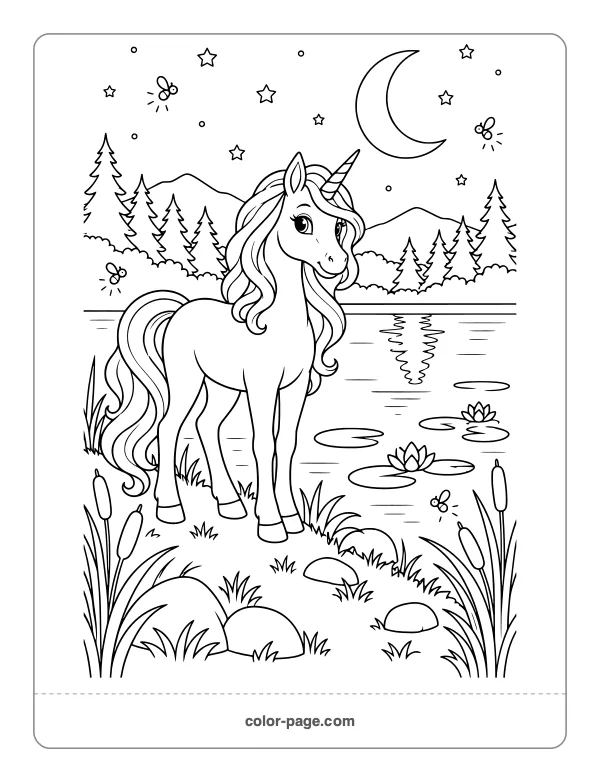 Unicorn beside a moonlit lake with fireflies coloring page