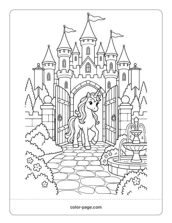 Unicorn standing at a castle gate coloring page