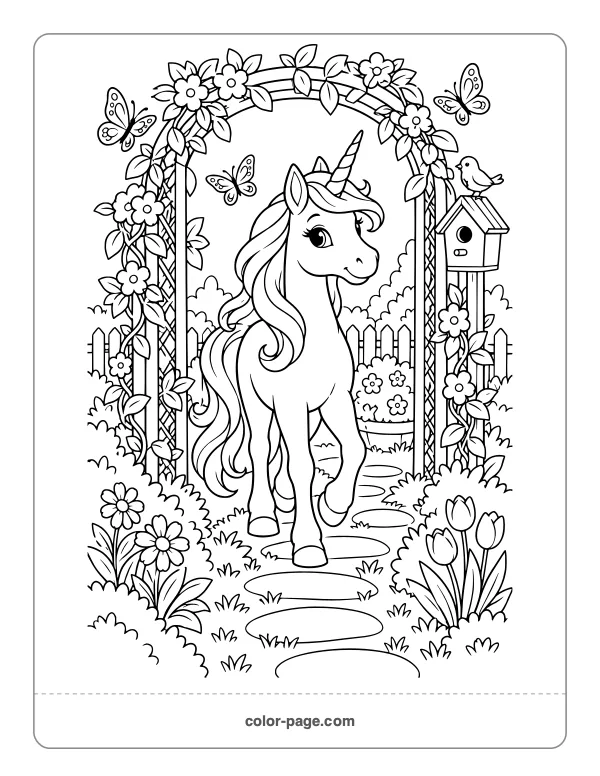 Unicorn walking beneath a flower-covered garden arch coloring page