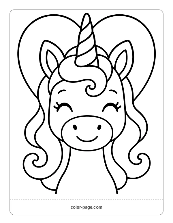 Front-facing unicorn portrait with curly mane coloring page