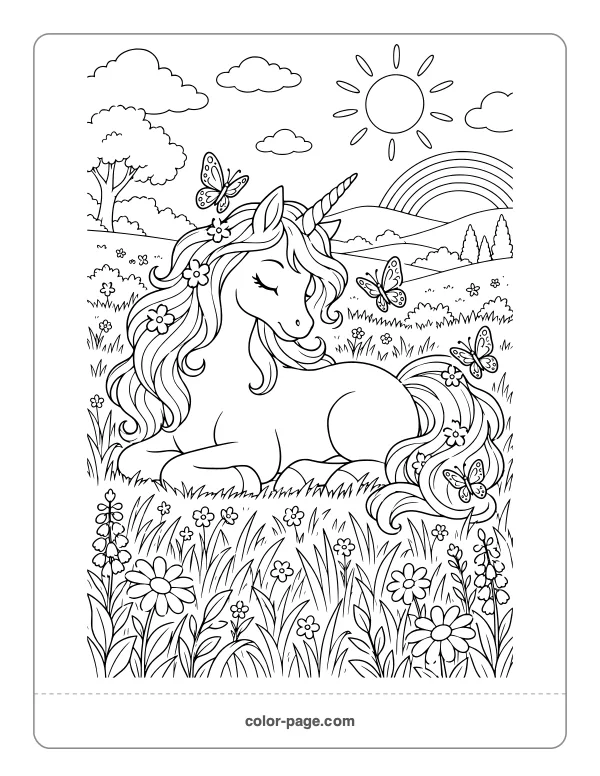 Resting unicorn surrounded by butterflies coloring page