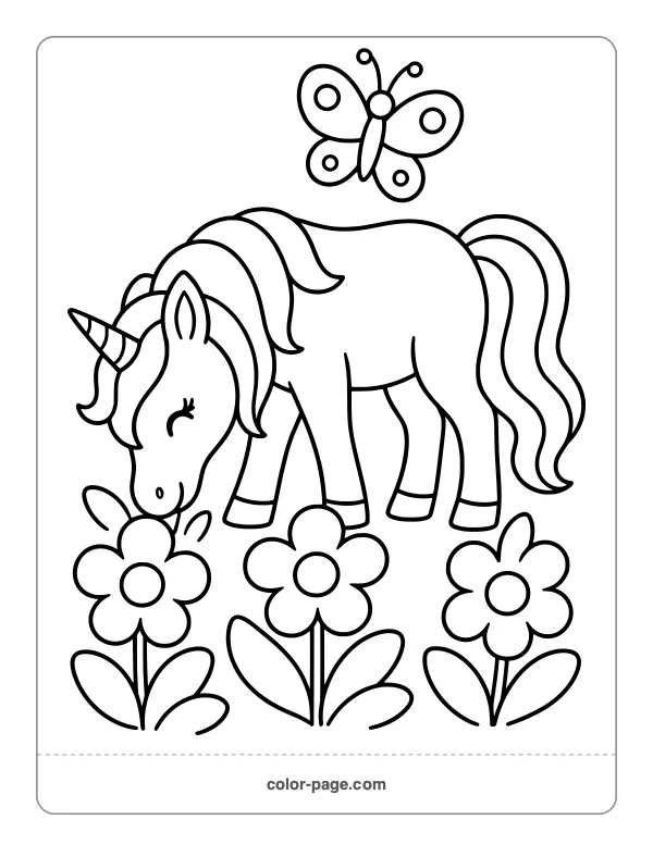 Unicorn grazing in a flower garden coloring page