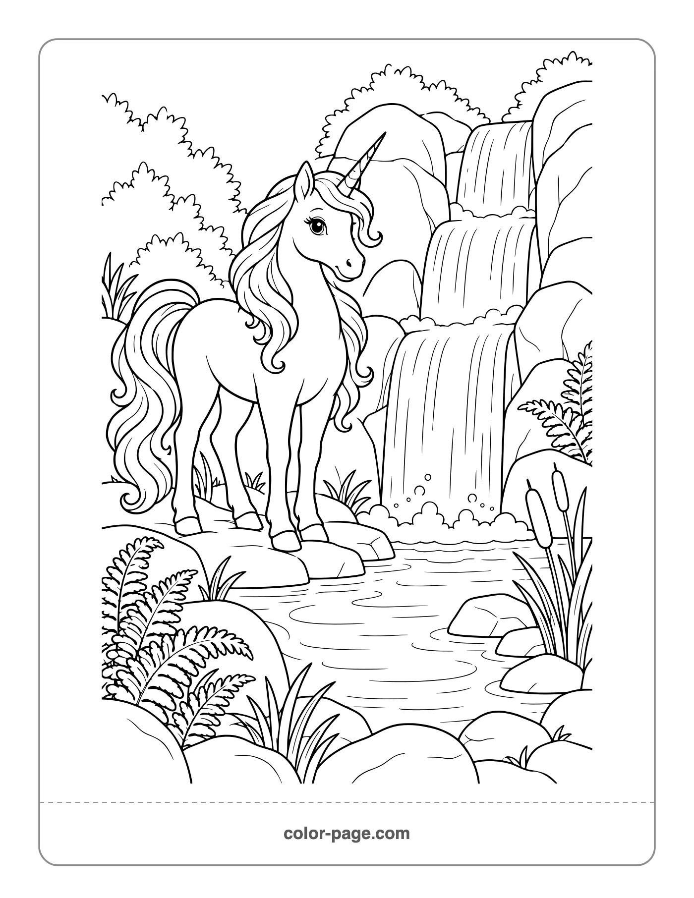 Unicorn standing beside a waterfall and pool coloring page
