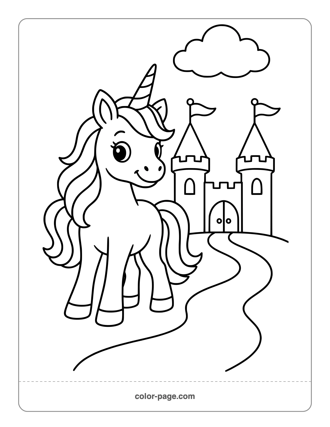 Unicorn beside a simple castle coloring page