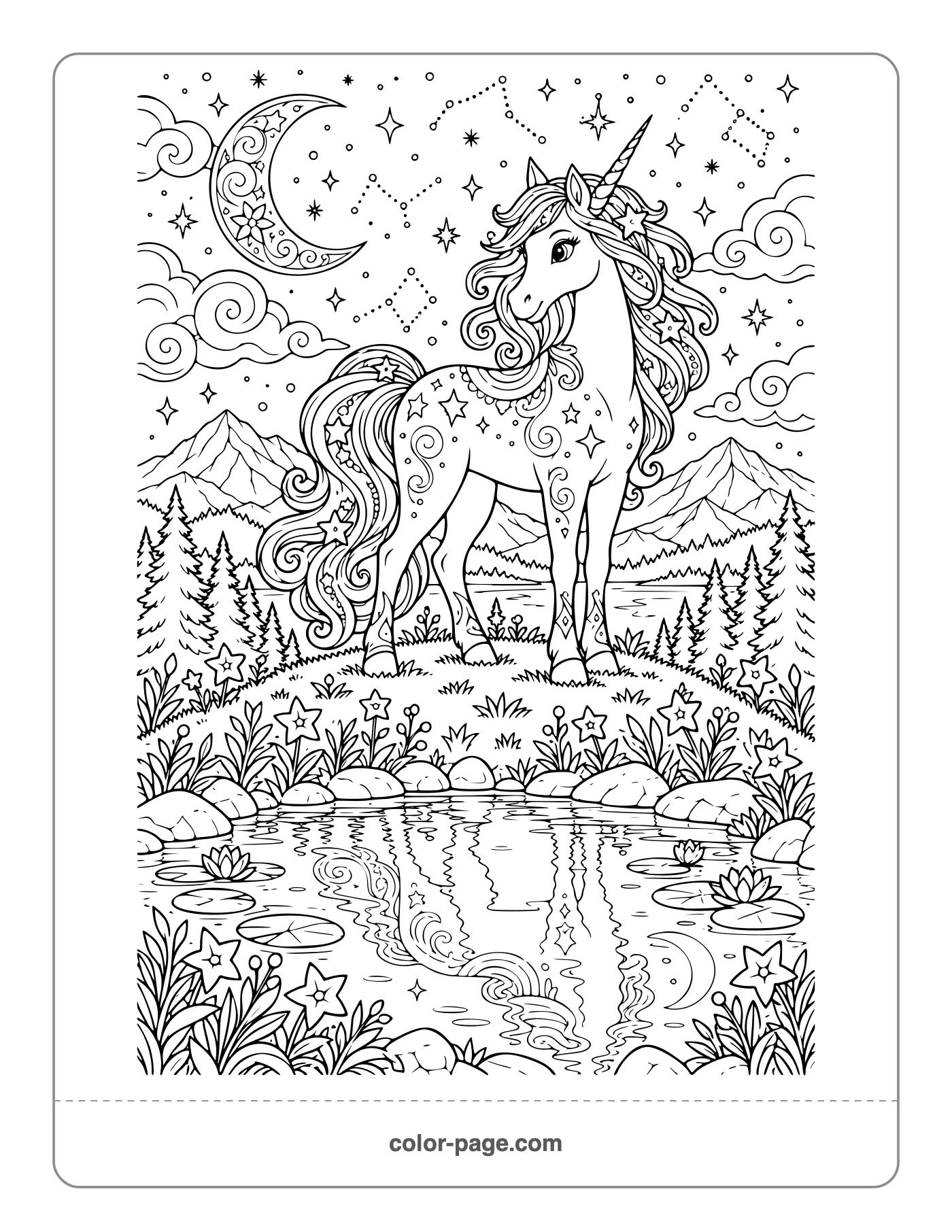 Unicorn beneath a detailed starry night sky coloring page