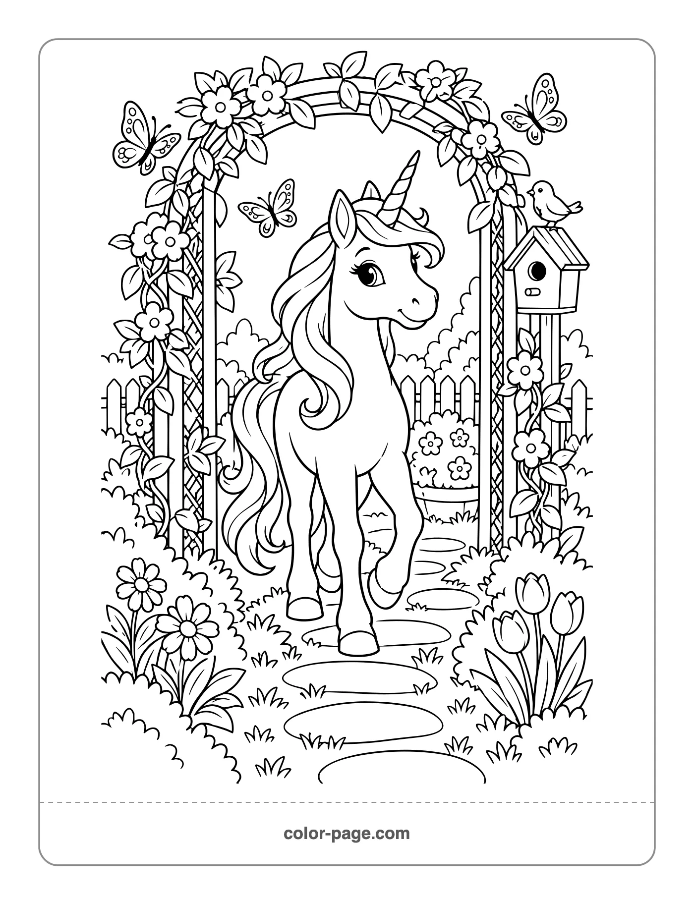 Unicorn walking beneath a flower-covered garden arch coloring page